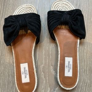 Valentino Black Garavani Tropical Bow Espadrille Slide Sandals- Size 38